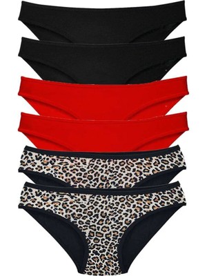 6 Adet Özel Set Likralı Yumuşak Dokulu Kadın Slip Külot Leopar Siyah Kırmızı