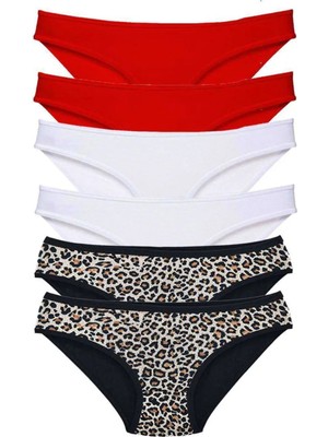 6 Adet Likralı Kadın Slip Külot Leopar Kırmızı Beyaz