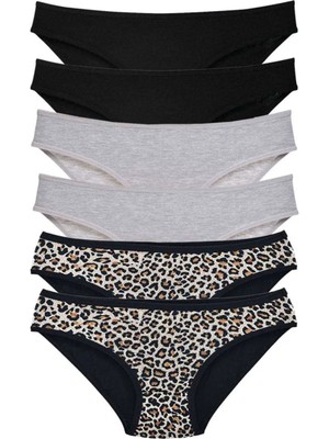 6 Adet Likralı Kadın Slip Külot Leopar Siyah Gri