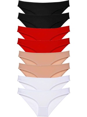 8 Adet Süper Eko Set Likralı Kadın Slip Külot Siyah Kırmızı Ten Beyaz
