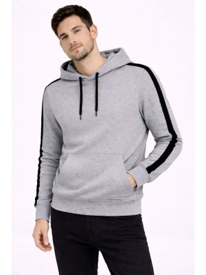 Beruflic Erkek Şeritli Kapüşonlu Sweatshirt Oversize 3 Iplik Pamuklu