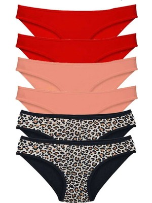 6 Adet Likralı Kadın Slip Külot Leopar Kırmızı Pudra