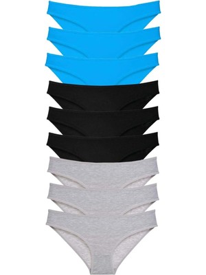 9 Adet Süper Eko Set Likralı Kadın Slip Külot Siyah Gri Mavi