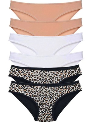 6 Adet Likralı Kadın Slip Külot Leopar Ten Beyaz