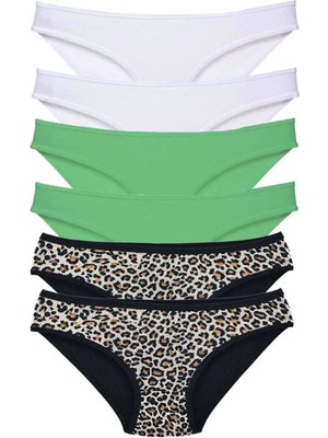 6 Adet Likralı Kadın Slip Külot Leopar Beyaz Yeşil