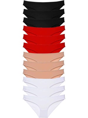 12 Adet Süper Eko Set Likralı Kadın Slip Külot Siyah Kırmızı Ten Beyaz