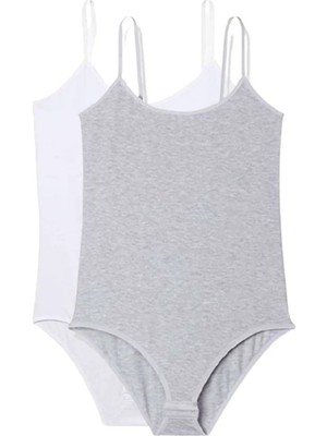 2 Adet Ip Askılı Kadın Çıtçıtlı Body Beyaz ve Gri