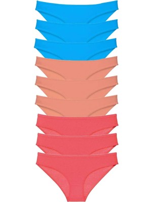 9 Adet Süper Eko Set Likralı Kadın Slip Külot Pudra Fuşya Mavi