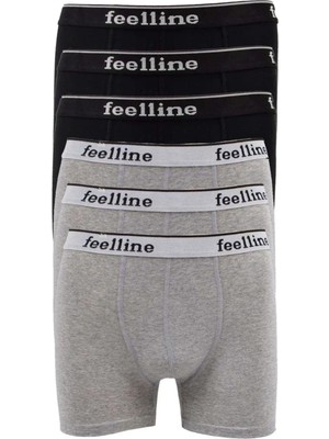 6 Adet Feelline Siyah ve Gri Pamuklu Doğal Likralı Erkek Boxer