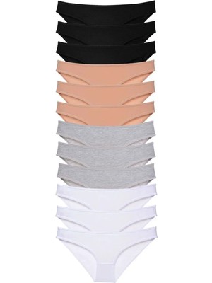 12 Adet Süper Eko Set Likralı Kadın Slip Külot Siyah Ten Gri Beyaz