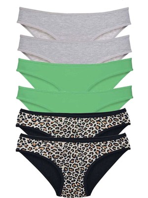 6 Adet Likralı Kadın Slip Külot Leopar Gri Yeşil
