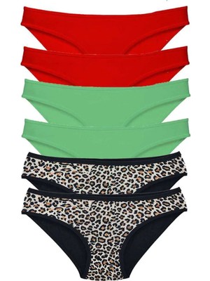 6 Adet Likralı Kadın Slip Külot Leopar Kırmızı Yeşil
