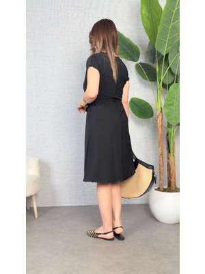 Bizcomoda Kadın Kısa Kollu V Yakalı Beli Kuşaklı Ithal Keten Elbise