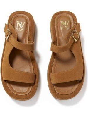 Ne&Ve Shoes Taba Süet Hakiki Deri Tokalı Kadın Kalın Kaplama Tabanlı Sandalet Terlik