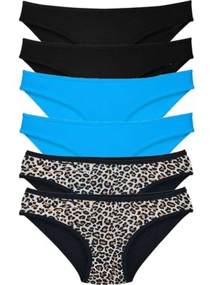 6 Adet Likralı Kadın Slip Külot Leopar Siyah Mavi