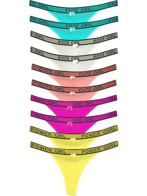 10 Adet Beli Yazılı Pamuk Kadın Tanga String Külot