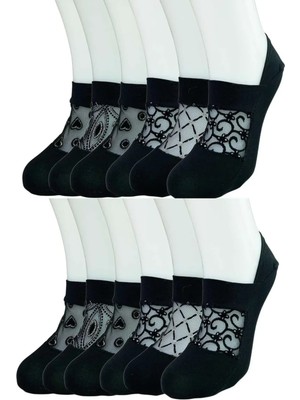 12 Adet Önü Transparan Kadın Fantezi Desenli Babet Çorap