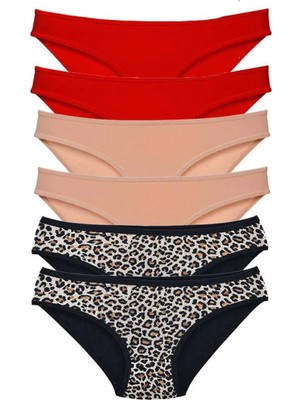6 Adet Likralı Kadın Slip Külot Leopar Kırmızı Ten