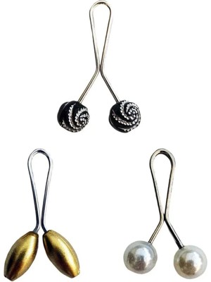 3 Adet Tesettür Eşarp ve Şal Klipsi Sarı Inci Beyaz Siyah Desenli