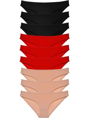 9 Adet Süper Eko Set Likralı Kadın Slip Külot Siyah Kırmızı Ten
