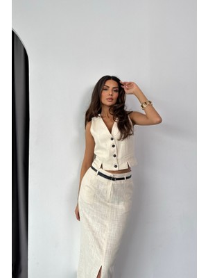 Infivento Yelek-Önden Yırtmaçlı Etek Tk Şantuk Keten - Ham