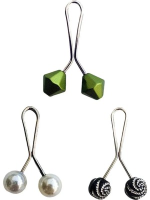 3 Adet Tesettür Eşarp ve Şal Klipsi Inci Beyaz Siyah Desenli Yeşil