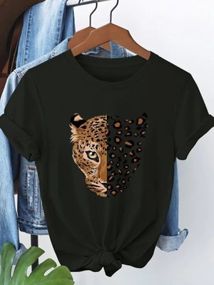 Gacha Kadın Kısa Kollu Bisiklet Yaka Desenli Viskon Bluz