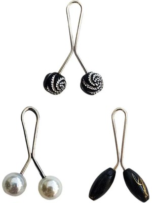 3 Adet Tesettür Eşarp ve Şal Klipsi Inci Beyaz Siyah Siyah Desenli