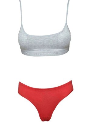 Pedli Ip Askılı Yarım Atlet Büstiyer Külot Takım Gri Kırmızı