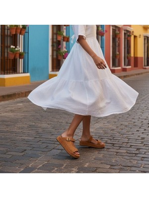 Ne&Ve Shoes Taba Süet Hakiki Deri Tokalı Kadın Kalın Kaplama Tabanlı Sandalet Terlik