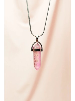 Pembe Kuvars Doğal Taşı Zincirli El Yapımı Tasarımlı Kolye Uç: 3,5 cm Zincir: 20 cm Kutulu