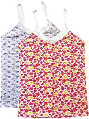 2 Adet Kadın Askılı Desenli Atlet Dantelli Empirme Pamuklu Penye D7-8