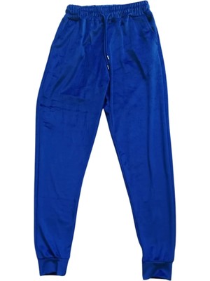 Parlak Kadife Cepli Pantolon Eşofman Pijama Altı Unisex Lastikli Paça Mavi