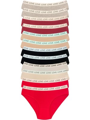 12 Adet Pamuklu Esnek Kadın Slip Bikini Külot Geniş Lastikli Baskılı