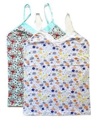 2 Adet Kadın Askılı Desenli Atlet Dantelli Empirme Pamuklu Penye D5-6