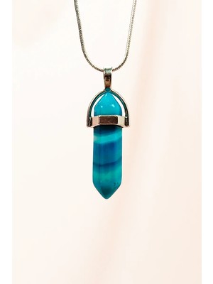 Mavi Akik Doğal Taşı Zincirli El Yapımı Tasarımlı Kolye Uç: 3,5 cm Zincir: 20 cm Kutulu