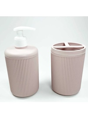 Plastik Sıvı Sabunluk ve Diş Fırçalık Set Renk Pudra