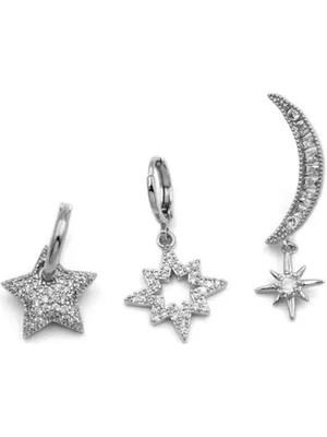 3'lü Taşlı Halka Küpe - Gümüş