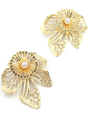 Metal Çiçek Küpe - Altın