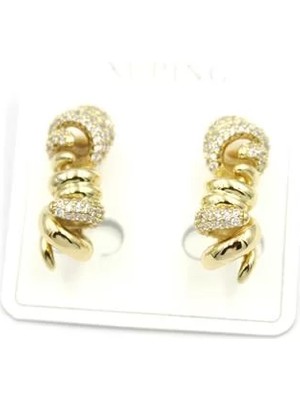 Taşlı Örgü Küpe - 14K Altın