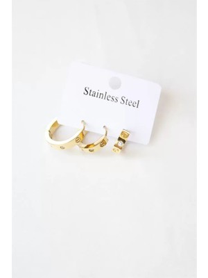 3'lü Taşlı Çelik Halka Küpe - Altın