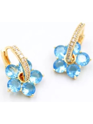 Taşlı Çiçek Küpe - Mavi