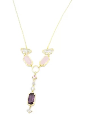 Pembe Taşlı Kolye - Altın