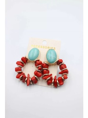 Taşlı Halkalı Küpe - Kırmızı