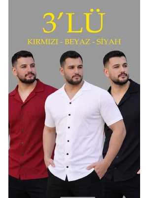 Beruflic Erkek Waffle Dokuma Açık Yakalı Düğmeli Regular Kalıp 3’lü Gömlek Seti  Siyah, Kırmızı, Beyaz