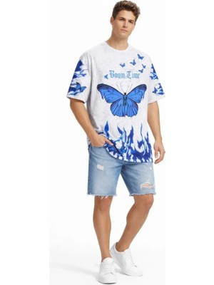 Beruflic Erkek Asit Yıkamalı Oversize Tişört Mavi Kelebek Baskılı Dijital Print Bisiklet Yaka Streetwear Tshirt