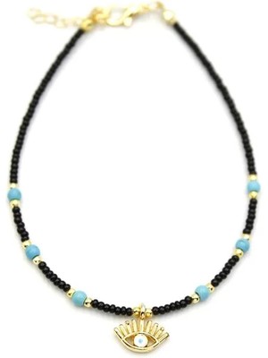 Boncuklu Göz Halhal - Siyah