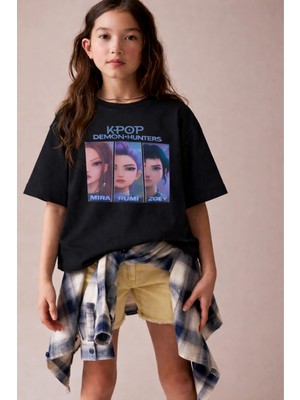 Little Aden Kpop Demon Hunters Huntrix Kısa Kollu Baskılı Kız Çocuk  Oversize Tişört