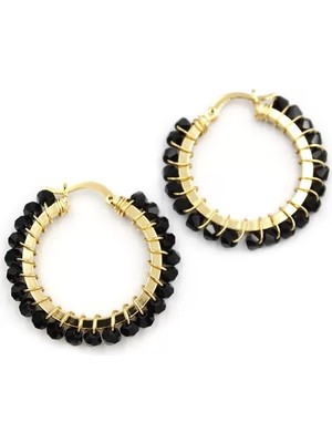 Kristal Boncuk Halka Küpe - Siyah