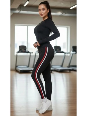 Beruflic Likralı Penye Yanı Kırmızı Beyaz Şeritli Dar Kalıp Spor Tayt